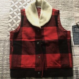 Woolrich buffalo check vest with shearling collar, women’s size small